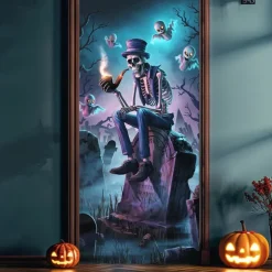 Halloween Door Cover Outdoor Banners Grim Reaper 3D Psychedelic Party Outdoor Shooting Backgrounds Front Door Wall Porch Decorations Wall Door Background