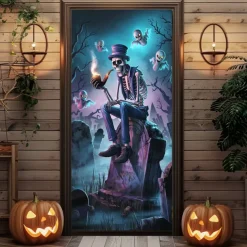 Halloween Door Cover Outdoor Banners Grim Reaper 3D Psychedelic Party Outdoor Shooting Backgrounds Front Door Wall Porch Decorations Wall Door Background