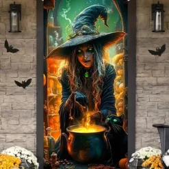 Halloween Door Cover Outdoor Banners Witch Psychedelic Dark Punk Gothic Style Party Outdoor Shooting Backgrounds Front Door Wall Porch Decorations Wall Door Background