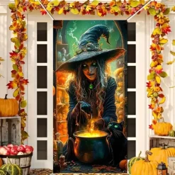 Halloween Door Cover Outdoor Banners Witch Psychedelic Dark Punk Gothic Style Party Outdoor Shooting Backgrounds Front Door Wall Porch Decorations Wall Door Background