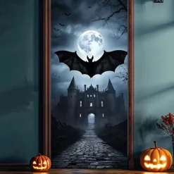 Halloween Door Cover Outdoor Banners Bat Castle Psychedelic Dark Punk Gothic Style Party Outdoor Shooting Backgrounds Front Door Wall Porch Decorations Wall Door Background