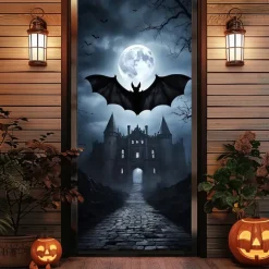 Halloween Door Cover Outdoor Banners Bat Castle Psychedelic Dark Punk Gothic Style Party Outdoor Shooting Backgrounds Front Door Wall Porch Decorations Wall Door Background