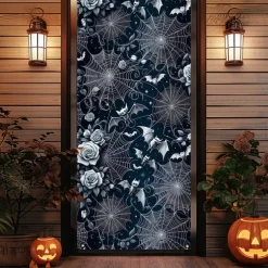 Halloween Door Cover Outdoor Banners Bat Castle Psychedelic Dark Punk Gothic Style Party Outdoor Shooting Backgrounds Front Door Wall Porch Decorations Wall Door Background