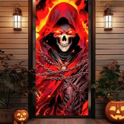 Halloween Door Cover Outdoor Banners Skeleton Psychedelic Dark Punk Gothic Style Party Outdoor Shooting Backgrounds Front Door Wall Porch Decorations Wall Door Background