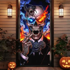 Halloween Door Cover Outdoor Banners Skeleton Psychedelic Dark Punk Gothic Style Party Outdoor Shooting Backgrounds Front Door Wall Porch Decorations Wall Door Background