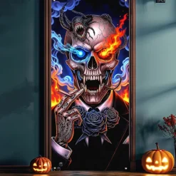 Halloween Door Cover Outdoor Banners Skeleton Psychedelic Dark Punk Gothic Style Party Outdoor Shooting Backgrounds Front Door Wall Porch Decorations Wall Door Background