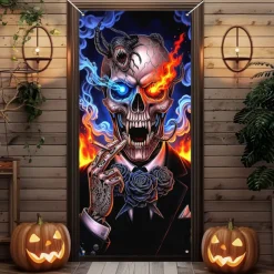 Halloween Door Cover Outdoor Banners Skeleton Psychedelic Dark Punk Gothic Style Party Outdoor Shooting Backgrounds Front Door Wall Porch Decorations Wall Door Background