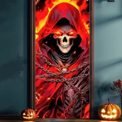 Halloween Door Cover Outdoor Banners Skeleton Psychedelic Dark Punk Gothic Style Party Outdoor Shooting Backgrounds Front Door Wall Porch Decorations Wall Door Background