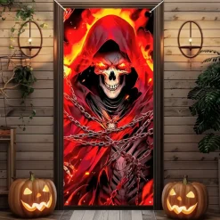 Halloween Door Cover Outdoor Banners Skeleton Psychedelic Dark Punk Gothic Style Party Outdoor Shooting Backgrounds Front Door Wall Porch Decorations Wall Door Background