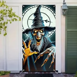Halloween Door Cover Outdoor Banners Skeleton Witch 3D Psychedelic Party Outdoor Shooting Backgrounds Front Door Wall Porch Decorations Wall Door Background