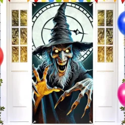 Halloween Door Cover Outdoor Banners Skeleton Witch 3D Psychedelic Party Outdoor Shooting Backgrounds Front Door Wall Porch Decorations Wall Door Background