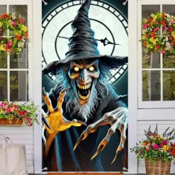 Halloween Door Cover Outdoor Banners Skeleton Witch 3D Psychedelic Party Outdoor Shooting Backgrounds Front Door Wall Porch Decorations Wall Door Background