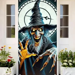 Halloween Door Cover Outdoor Banners Skeleton Witch 3D Psychedelic Party Outdoor Shooting Backgrounds Front Door Wall Porch Decorations Wall Door Background