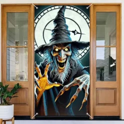 Halloween Door Cover Outdoor Banners Skeleton Witch 3D Psychedelic Party Outdoor Shooting Backgrounds Front Door Wall Porch Decorations Wall Door Background