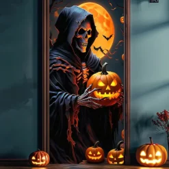 Halloween Door Cover Outdoor Banners Grim Reaper Pumpkin Psychedelic Dark Punk Gothic Style Party Outdoor Shooting Backgrounds Front Door Wall Porch Decorations Wall Door Background