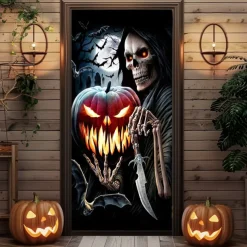 Halloween Door Cover Outdoor Banners Grim Reaper Pumpkin Psychedelic Dark Punk Gothic Style Party Outdoor Shooting Backgrounds Front Door Wall Porch Decorations Wall Door Background