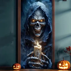 Halloween Door Cover Outdoor Banners Grim Reaper Pumpkin Psychedelic Dark Punk Gothic Style Party Outdoor Shooting Backgrounds Front Door Wall Porch Decorations Wall Door Background