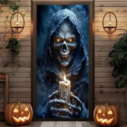 Halloween Door Cover Outdoor Banners Grim Reaper Pumpkin Psychedelic Dark Punk Gothic Style Party Outdoor Shooting Backgrounds Front Door Wall Porch Decorations Wall Door Background
