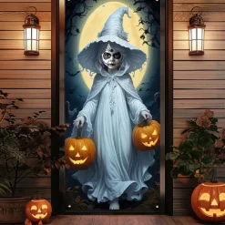 Halloween Door Cover Outdoor Banners Pumpkin Witch Psychedelic Dark Punk Gothic Style Party Outdoor Shooting Backgrounds Front Door Wall Porch Decorations Wall Door Background