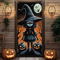 Halloween Door Cover Outdoor Banners Pumpkin Witch Psychedelic Dark Punk Gothic Style Party Outdoor Shooting Backgrounds Front Door Wall Porch Decorations Wall Door Background