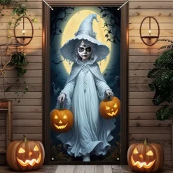 Halloween Door Cover Outdoor Banners Pumpkin Witch Psychedelic Dark Punk Gothic Style Party Outdoor Shooting Backgrounds Front Door Wall Porch Decorations Wall Door Background