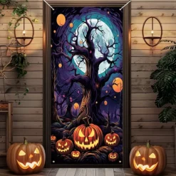 Halloween Door Cover Outdoor Banners Pumpkin Cemetery Psychedelic Dark Punk Gothic Style Party Outdoor Shooting Backgrounds Front Door Wall Porch Decorations Wall Door Background