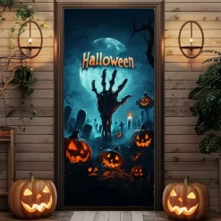 Halloween Door Cover Outdoor Banners Pumpkin Cemetery Psychedelic Dark Punk Gothic Style Party Outdoor Shooting Backgrounds Front Door Wall Porch Decorations Wall Door Background