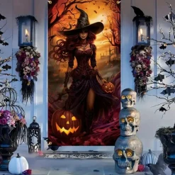 Halloween Door Cover Outdoor Banners Witch Psychedelic Dark Punk Gothic Style Party Outdoor Shooting Backgrounds Front Door Wall Porch Decorations Wall Door Background