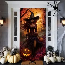 Halloween Door Cover Outdoor Banners Witch Psychedelic Dark Punk Gothic Style Party Outdoor Shooting Backgrounds Front Door Wall Porch Decorations Wall Door Background