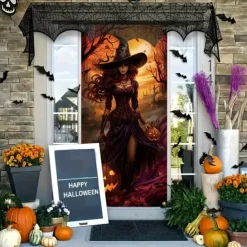 Halloween Door Cover Outdoor Banners Witch Psychedelic Dark Punk Gothic Style Party Outdoor Shooting Backgrounds Front Door Wall Porch Decorations Wall Door Background