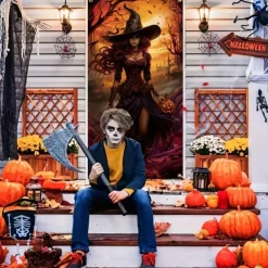 Halloween Door Cover Outdoor Banners Witch Psychedelic Dark Punk Gothic Style Party Outdoor Shooting Backgrounds Front Door Wall Porch Decorations Wall Door Background