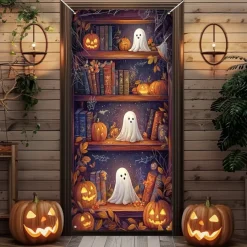 Halloween Door Cover Outdoor Banners Pumpkin Bookshelf 3D Psychedelic Party Outdoor Shooting Backgrounds Front Door Wall Porch Decorations Wall Door Background