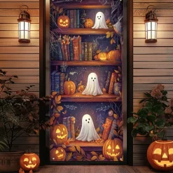 Halloween Door Cover Outdoor Banners Pumpkin Bookshelf 3D Psychedelic Party Outdoor Shooting Backgrounds Front Door Wall Porch Decorations Wall Door Background