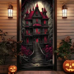 Halloween Door Cover Outdoor Banners Castle Rose Psychedelic Dark Punk Gothic Style Party Outdoor Shooting Backgrounds Front Door Wall Porch Decorations Wall Door Background