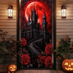 Halloween Door Cover Outdoor Banners Castle Rose Psychedelic Dark Punk Gothic Style Party Outdoor Shooting Backgrounds Front Door Wall Porch Decorations Wall Door Background