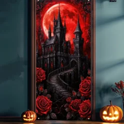 Halloween Door Cover Outdoor Banners Castle Rose Psychedelic Dark Punk Gothic Style Party Outdoor Shooting Backgrounds Front Door Wall Porch Decorations Wall Door Background