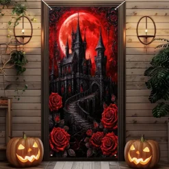 Halloween Door Cover Outdoor Banners Castle Rose Psychedelic Dark Punk Gothic Style Party Outdoor Shooting Backgrounds Front Door Wall Porch Decorations Wall Door Background