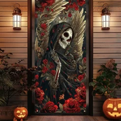Halloween Door Cover Outdoor Banners Skeleton Psychedelic Dark Punk Gothic Style Party Outdoor Shooting Backgrounds Front Door Wall Porch Decorations Wall Door Background