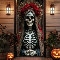 Halloween Door Cover Outdoor Banners Skeleton Psychedelic Dark Punk Gothic Style Party Outdoor Shooting Backgrounds Front Door Wall Porch Decorations Wall Door Background