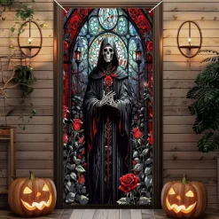 Halloween Door Cover Outdoor Banners Skeleton Psychedelic Dark Punk Gothic Style Party Outdoor Shooting Backgrounds Front Door Wall Porch Decorations Wall Door Background