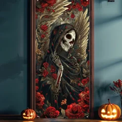 Halloween Door Cover Outdoor Banners Skeleton Psychedelic Dark Punk Gothic Style Party Outdoor Shooting Backgrounds Front Door Wall Porch Decorations Wall Door Background