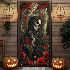 Halloween Door Cover Outdoor Banners Skeleton Psychedelic Dark Punk Gothic Style Party Outdoor Shooting Backgrounds Front Door Wall Porch Decorations Wall Door Background