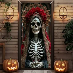 Halloween Door Cover Outdoor Banners Skeleton Psychedelic Dark Punk Gothic Style Party Outdoor Shooting Backgrounds Front Door Wall Porch Decorations Wall Door Background