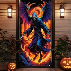 Halloween Door Cover Outdoor Banners Skeleton Angel of Death Psychedelic Dark Punk Gothic Style Party Outdoor Shooting Backgrounds Front Door Wall Porch Decorations Wall Door Background