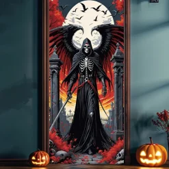 Halloween Door Cover Outdoor Banners Skeleton Angel of Death Psychedelic Dark Punk Gothic Style Party Outdoor Shooting Backgrounds Front Door Wall Porch Decorations Wall Door Background