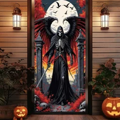 Halloween Door Cover Outdoor Banners Skeleton Angel of Death Psychedelic Dark Punk Gothic Style Party Outdoor Shooting Backgrounds Front Door Wall Porch Decorations Wall Door Background