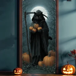 Halloween Door Cover Outdoor Banners Pumpkin Cat Psychedelic Dark Punk Gothic Style Party Outdoor Shooting Backgrounds Front Door Wall Porch Decorations Wall Door Background