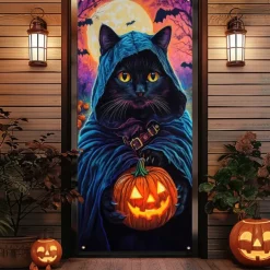 Halloween Door Cover Outdoor Banners Pumpkin Cat Psychedelic Dark Punk Gothic Style Party Outdoor Shooting Backgrounds Front Door Wall Porch Decorations Wall Door Background
