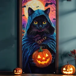 Halloween Door Cover Outdoor Banners Pumpkin Cat Psychedelic Dark Punk Gothic Style Party Outdoor Shooting Backgrounds Front Door Wall Porch Decorations Wall Door Background