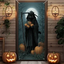 Halloween Door Cover Outdoor Banners Pumpkin Cat Psychedelic Dark Punk Gothic Style Party Outdoor Shooting Backgrounds Front Door Wall Porch Decorations Wall Door Background